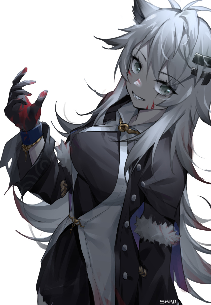 1girl absurdres alternate_costume animal_ears arknights artist_name bangs black_coat black_dress black_gloves blood blood_on_face bloody_hands breasts coat commentary_request cowboy_shot dress eyebrows_visible_through_hair gloves grey_eyes grin hair_between_eyes hair_ornament hairclip hand_up highres lappland_(arknights) large_breasts long_hair long_sleeves looking_at_viewer open_clothes open_coat scar scar_across_eye shao_(muchechecheche) sharp_teeth shirt silver_hair simple_background smile solo teeth very_long_hair white_background white_shirt wolf_ears
