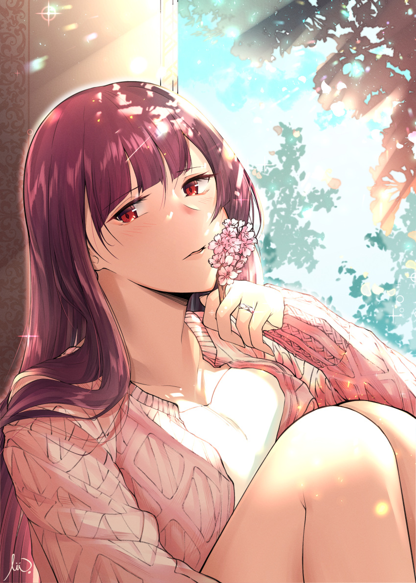 1girl absurdres bare_legs blue_sky blush breasts collarbone flower girls_frontline highres jewelry long_hair looking_at_viewer purple_hair red_eyes ring shirt sitting sky solo stigmamyu tagme wa2000_(girls_frontline) white_shirt