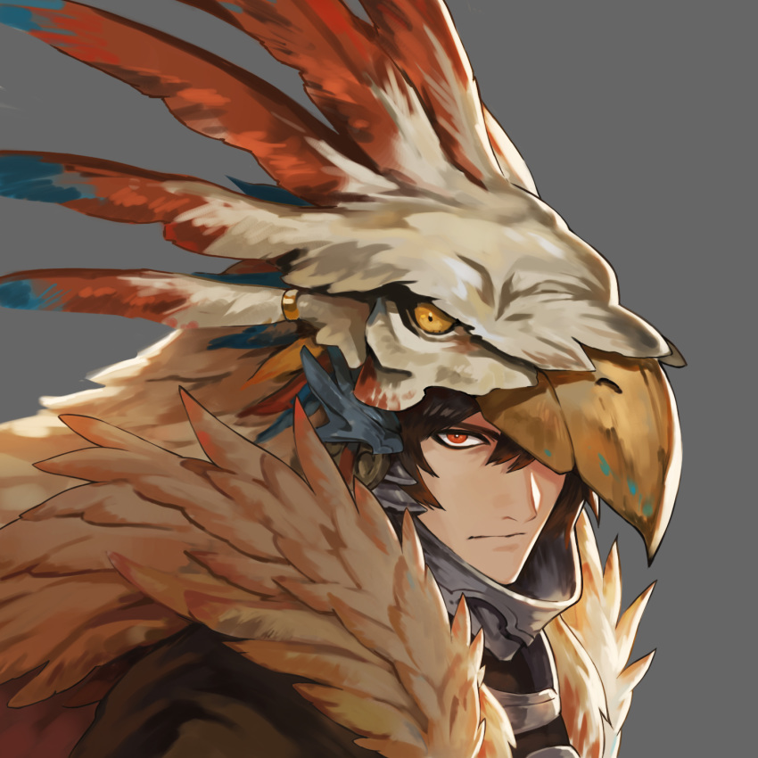 1boy beak bird_hood brown_eyes brown_hair feather_trim granblue_fantasy grey_background highres male_focus nezahualpilli one_eye_covered portrait saku_(sakudeji)