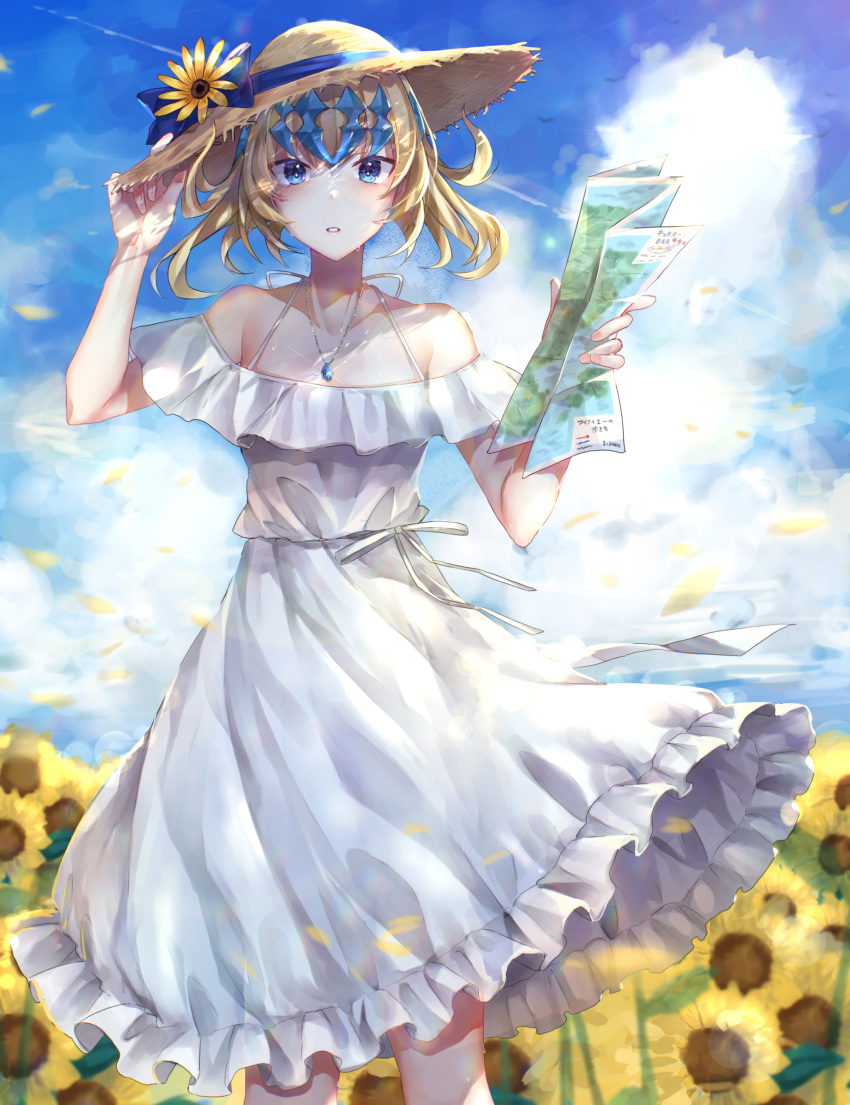 1girl absurdres bangs bare_shoulders blonde_hair blue_eyes blue_sky blush breasts collarbone contemporary diadem dress fate/grand_order fate_(series) field flower flower_field hat highres hitomin_(ksws7544) jewelry looking_at_viewer map medium_hair necklace parted_lips pendant petals pollux_(fate/grand_order) sky small_breasts straw_hat sunflower white_dress wind wind_lift