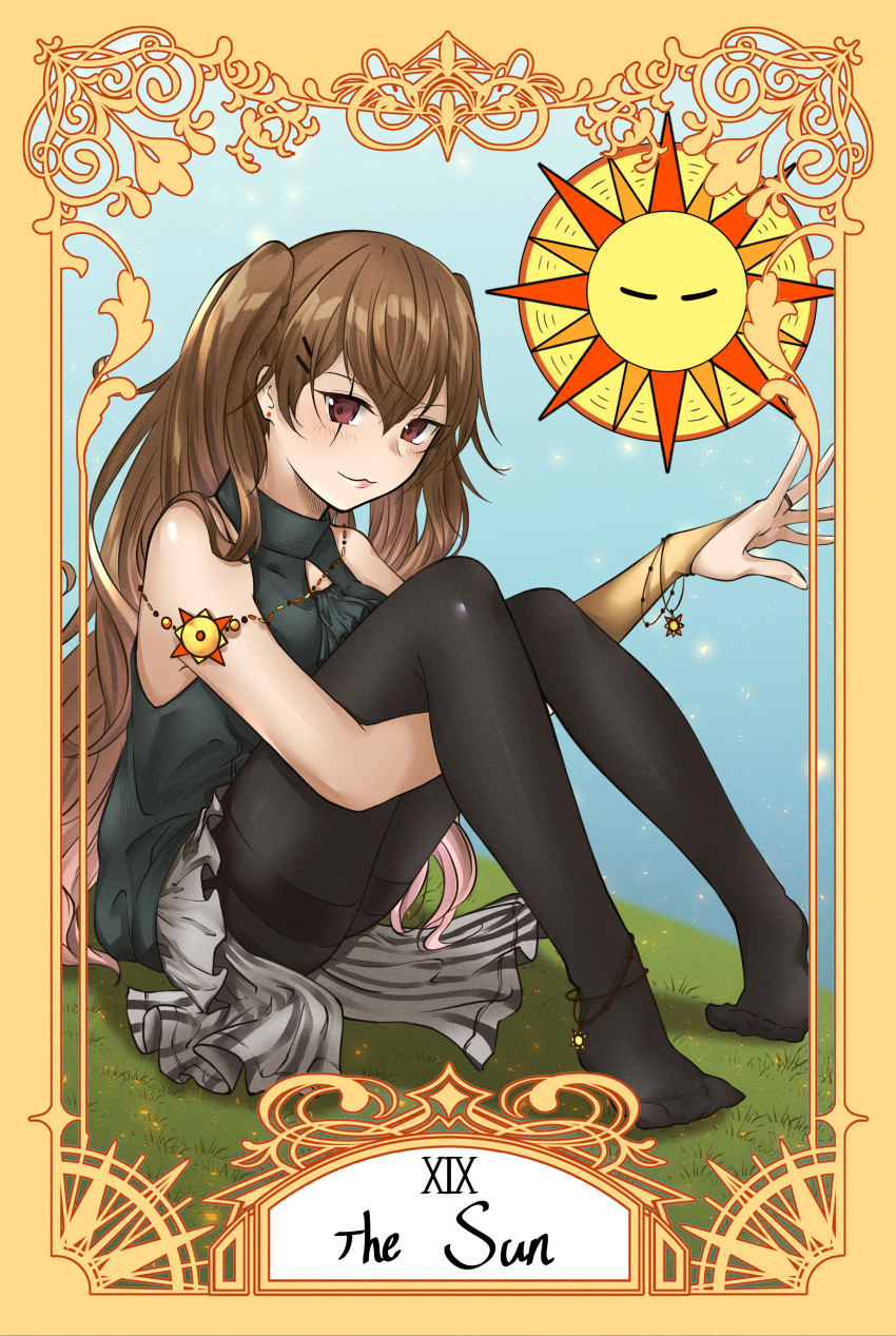 1girl absurdres black_legwear blue_sky brown_hair dress earrings english_text girls_frontline hair_ornament highres huge_filesize jewelry long_hair looking_at_viewer no_shoes pantyhose ring roman_numerals scar scar_across_eye shirt simple_background sitting sitting_on_lap sitting_on_person skirt sky smile solo stigmamyu sun tarot the_sun thigh-highs ump9_(girls_frontline) white_skirt