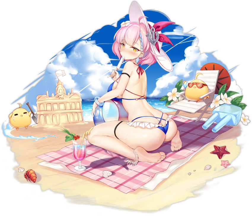1girl ahoge ass azur_lane ball bare_shoulders barefoot beach beach_mat beachball bikini bird blue_bikini braid breasts chick clouds cup day drinking_glass drinking_straw flower food frilled_bikini frills from_behind hair_flower hair_ornament hat hecha_(swy1996228) holding large_breasts looking_at_viewer looking_back manjuu_(azur_lane) multi-strapped_bikini official_art pink_hair popsicle sand_castle sand_sculpture seiza short_hair sitting solo starfish sun_hat sunglasses swimsuit tartu_(azur_lane) tartu_(overthinking_summer)_(azur_lane) transparent_background tropical_drink water white_headwear yellow_eyes