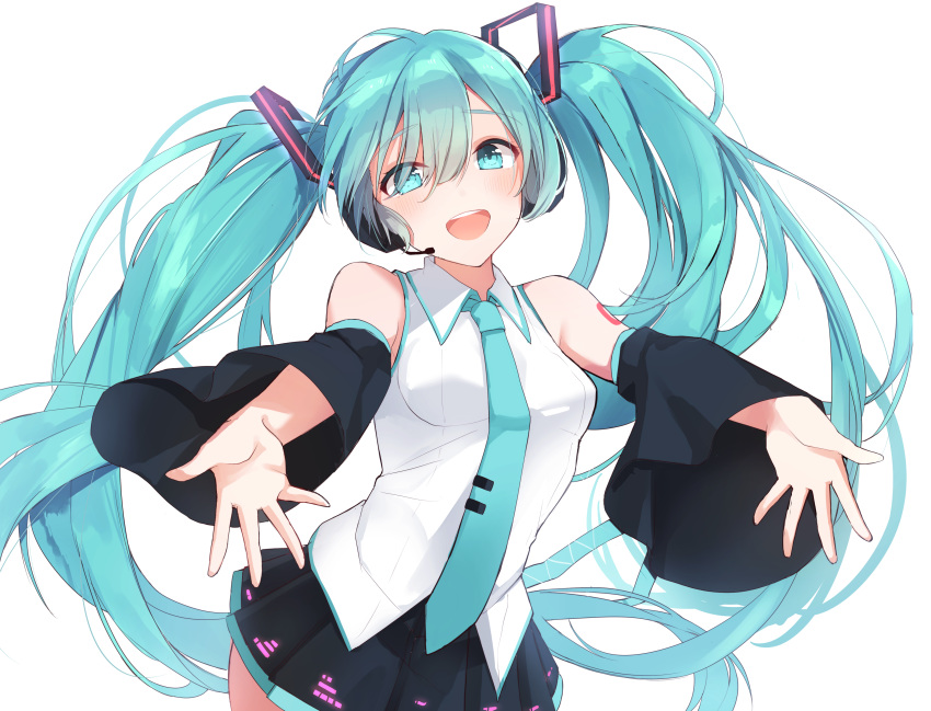 1girl :d absurdres aqua_eyes aqua_hair bangs bare_shoulders black_skirt black_sleeves blue_neckwear breasts collared_shirt detached_sleeves eyebrows_visible_through_hair eyes_visible_through_hair goroo_(eneosu) hair_between_eyes hair_ornament hair_over_one_eye hatsune_miku headphones headset highres long_hair long_sleeves necktie open_mouth outstretched_arms pleated_skirt shirt simple_background skirt sleeveless sleeveless_shirt sleeves_past_wrists small_breasts smile solo tie_clip twintails very_long_hair vocaloid white_background white_shirt wide_sleeves