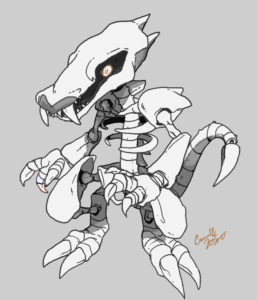 2020 beta_pokemon blizzarderful claws commentary creature english_commentary fangs full_body grey_background highres may98_pokemon_401_(xenomorph) no_humans pokemon pokemon_(creature) pokemon_(game) pokemon_gsc pokemon_gsc_beta prototype sharp_teeth signature simple_background skeleton solo teeth