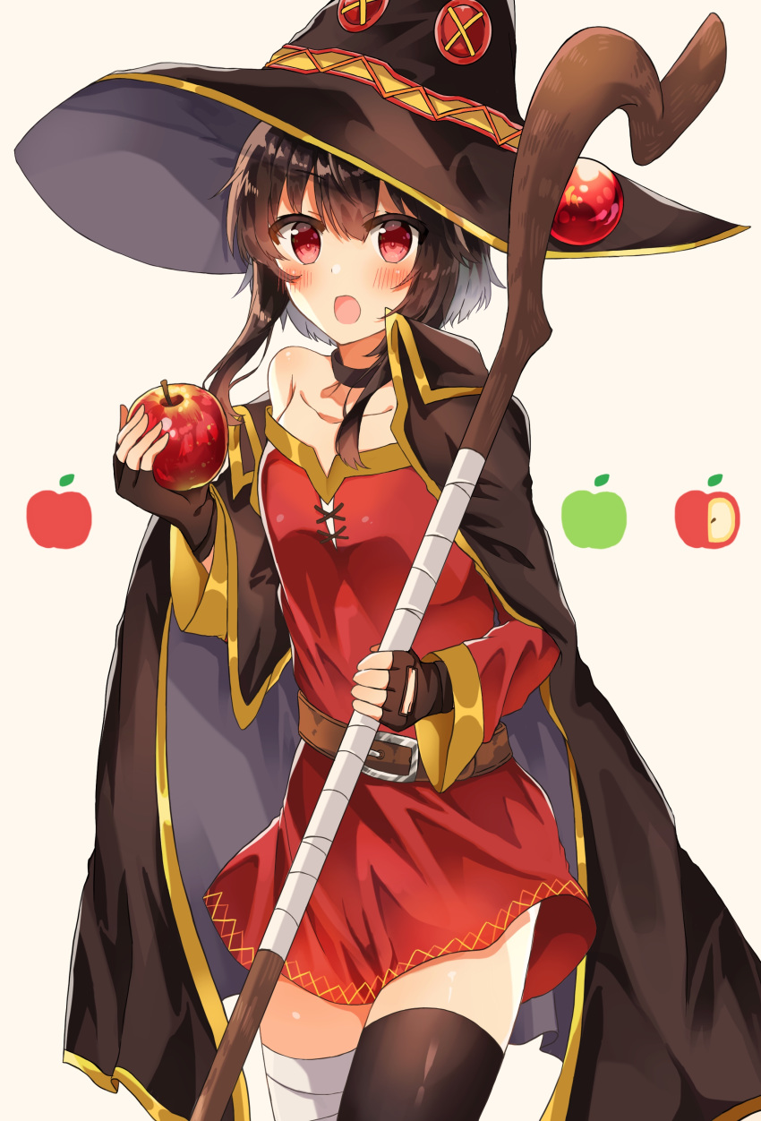 1girl absurdres apple_print bandaged_leg bandages beige_background belt black_legwear blush breasts brown_hair cape commentary_request dress fingerless_gloves food fruit gloves hat highres holding holding_food holding_fruit holding_staff kono_subarashii_sekai_ni_shukufuku_wo! looking_at_viewer megumin open_mouth red_dress red_eyes short_hair short_hair_with_long_locks simple_background single_thighhigh solo staff thigh-highs witch_hat yuno_(suke_yuno)