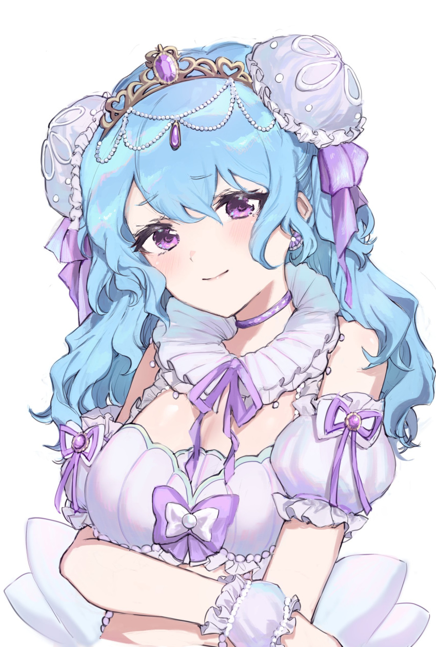 absurdres accessories bang_dream! bare_shoulders bubble choker closed_mouth crown earrings fish hair_bun highres jewelry light_blue_hair long_hair matsubara_kanon puffy_sleeves ribbon smile urosu violet_eyes white_background