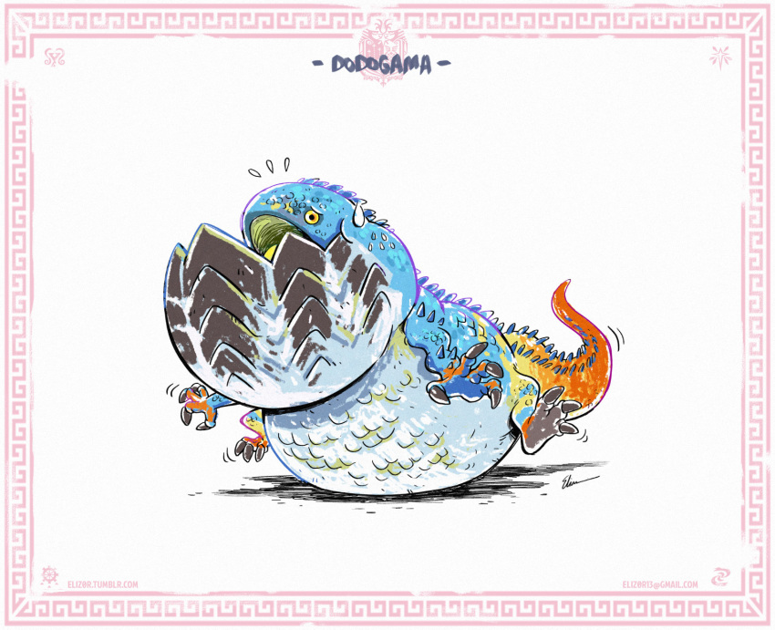 background_base colorful dodogama eliz0r full_body highres looking_at_viewer monster monster_hunter monster_hunter:_world open_mouth simple_background smile solo tongue