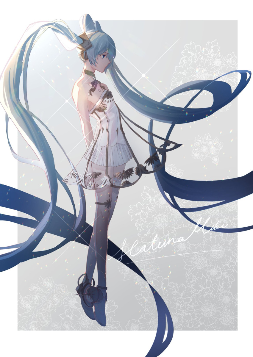 1girl absurdly_long_hair aono_99 aqua_eyes aqua_hair arms_behind_back bare_shoulders character_name diffraction_spikes dress expressionless floral_background from_side full_body grey_background hair_ornament hatsune_miku highres lens_flare long_hair miku_symphony_(vocaloid) neck_ribbon pleated_skirt ribbon skirt solo strapless strapless_dress thigh_strap twintails very_long_hair vocaloid white_dress white_footwear white_skirt