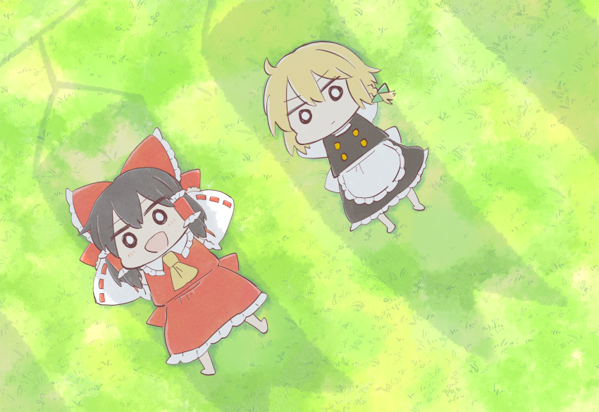 2girls :d :| apron arms_behind_head ascot banner barefoot black_dress black_hair blonde_hair blush bow braid chibi closed_mouth commentary_request cyu_ta detached_sleeves dress frilled_dress frills from_above grass hair_bow hair_tubes hakurei_reimu highres kirisame_marisa long_hair looking_at_viewer lying multiple_girls no_hat no_headwear o_o on_back open_mouth outdoors ribbon shadow skirt smile touhou yellow_neckwear