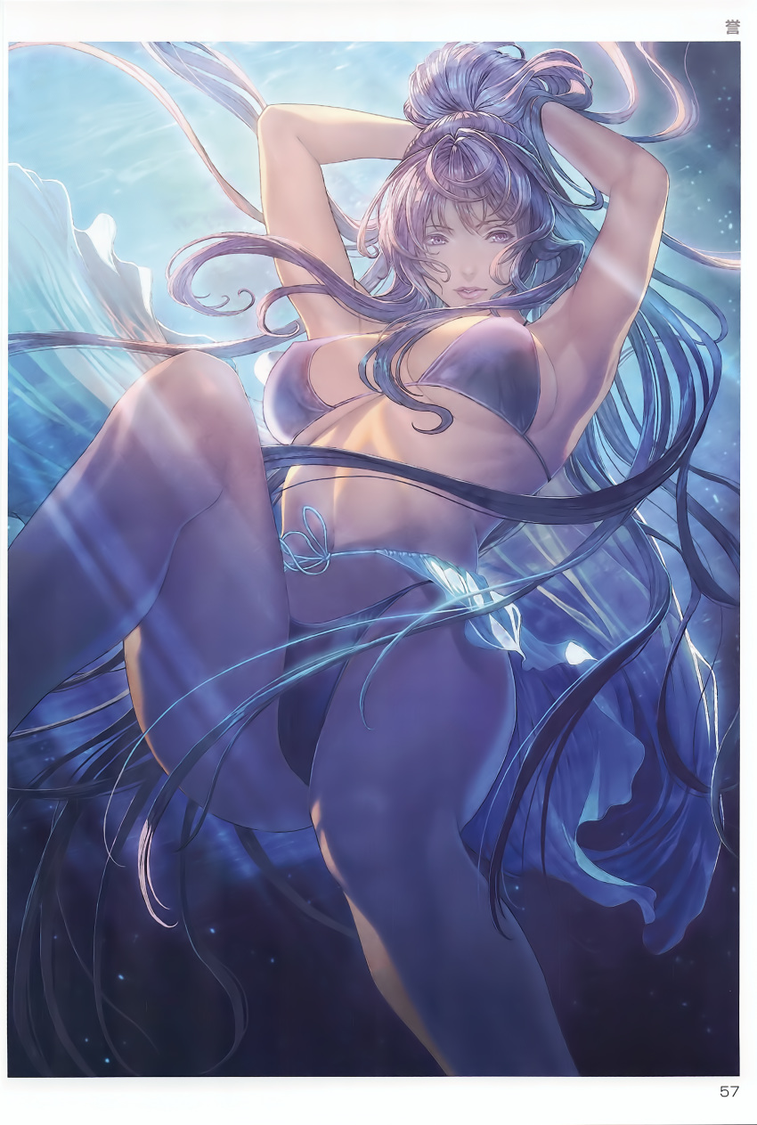 1girl absurdres armpits arms_up artist_name bangs bikini breasts highleg highleg_bikini highres homare_(fool's_art) lips looking_at_viewer makeup medium_breasts navel page_number parted_lips scan solo stomach submerged swimsuit tied_hair toranoana underwater water