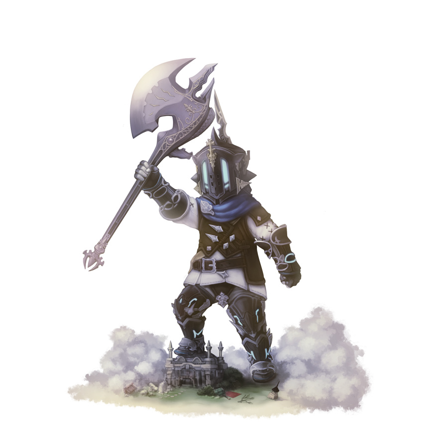1boy arm_up armor axe bacampic broken debris final_fantasy final_fantasy_xiv gloves greaves helmet highres holding holding_axe holding_weapon lalafell simple_background size_difference smoke solo stepping tree vambraces warrior_(final_fantasy) weapon white_background