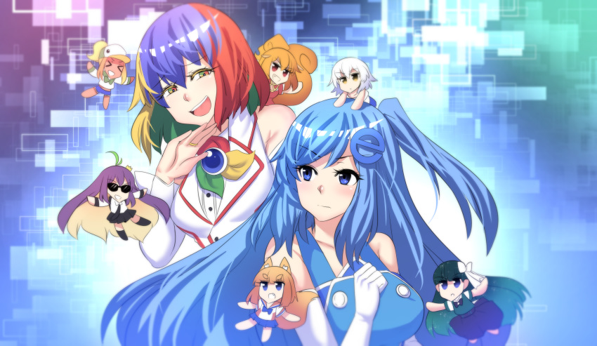 &gt;o&lt; 6+girls abstract_background absurdres animal_ears bing bing_(merryweather) black_bow black_hair black_neckwear black_skirt blonde_hair blue_bow blue_eyes blue_hair blue_neckwear blue_skirt bow bowtie breasts chibi collarbone detached_sleeves duckduckgo duckduckgo_(merryweather) elbow_gloves eyebrows_visible_through_hair firefox firefox_(merryweather) fox_ears fox_tail gloves google_chrome google_chrome_(merryweather) gradient_hair green_bow green_eyes green_hair green_neckwear hair_bow hair_ornament half-closed_eyes highres hinghoi internet_explorer internet_explorer_(merryweather) internet_explorer_(webcomic) jewelry long_hair medium_hair merryweather multicolored multicolored_eyes multicolored_hair multiple_girls necktie netscape netscape_(merryweather) ojou-sama_pose open_mouth orange_hair original os-tan personification pleated_skirt purple_hair red_eyes redhead ring sailor_collar serious shirt shorts skirt sleeveless smile smug squirrel_ears squirrel_tail sunglasses tail tor_(merryweather) tor_browser uc_browser uc_browser_(merryweather) upper_body v-shaped_eyebrows very_long_hair wallpaper white_bow white_gloves white_hair white_shirt yellow_eyes