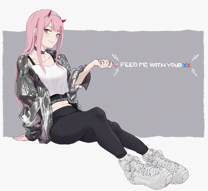 1girl arm_support black_choker black_pants candy choker collarbone commentary_request darling_in_the_franxx food full_body green_eyes grey_background hairband hasisisissy highres holding holding_food holding_lollipop horns jacket lightning_bolt lollipop long_hair long_sleeves multicolored_hair open_clothes open_jacket pants pink_hair shirt shoes sitting sleeves_past_wrists solo two-tone_hair white_footwear white_hairband white_shirt zero_two_(darling_in_the_franxx)