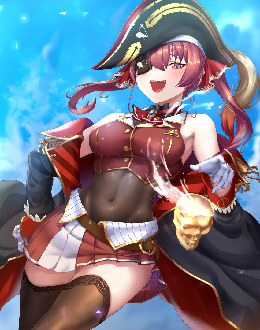 1girl :d absurdres armpit_crease arrow_through_heart bicorne black_coat black_headwear black_legwear blue_sky blush bodystocking breasts clouds cloudy_sky coat commentary covered_navel cowboy_shot cropped_jacket cup day eyepatch gloves hair_between_eyes hair_ribbon hand_on_hip hat highres hololive houshou_marine jacket looking_at_viewer medium_breasts medium_hair miniskirt off_shoulder open_mouth outdoors panamuru pirate_hat pleated_skirt red_eyes red_jacket red_skirt redhead ribbon skirt skull sky sleeveless sleeveless_jacket smile solo teeth thigh-highs thighs twintails virtual_youtuber white_gloves zettai_ryouiki