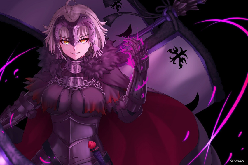 1girl ahoge armor armored_dress artist_name bangs black_background blush breasts cape commentary_request eyebrows_visible_through_hair fate/grand_order fate_(series) fur-trimmed_cape fur_collar fur_trim gauntlets grin headpiece jeanne_d'arc_(alter)_(fate) jeanne_d'arc_(fate)_(all) large_breasts looking_at_viewer magic paolo_espana red_cape short_hair silver_hair smile solo yellow_eyes