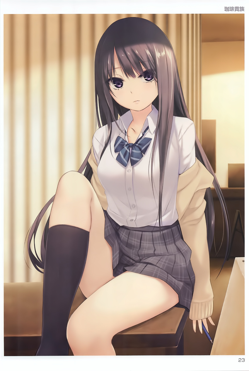 1girl absurdres artist_name bangs black_hair black_legwear blue_eyes blurry blurry_background bow breasts buttons closed_mouth coffee-kizoku eyebrows_visible_through_hair highres holding indoors knee_up lips long_hair looking_at_viewer medium_breasts off_shoulder open_clothes page_number pencil scan school_uniform shiny shiny_hair shiramine_rika shirt sitting sleeves_past_wrists socks solo toranoana
