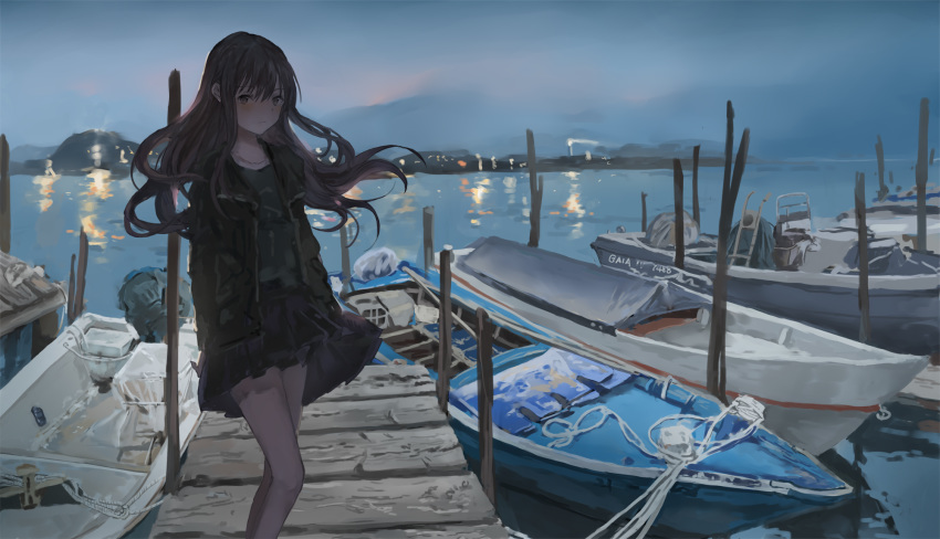 1girl black_jacket black_skirt blush boat brown_eyes brown_hair catzz closed_mouth expressionless eyebrows_visible_through_hair highres jacket jewelry long_hair looking_at_viewer necklace night ocean original outdoors pleated_skirt scenery skirt solo standing watercraft wavy_hair