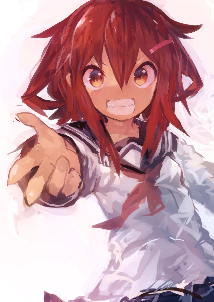 1girl :d absurdres bangs brown_hair commentary hair_between_eyes hair_ornament hairclip highres ikazuchi_(kantai_collection) kaamin_(mariarose753) kantai_collection looking_at_viewer medium_hair open_mouth outstretched_arm school_uniform serafuku smile solo v-shaped_eyebrows yellow_eyes
