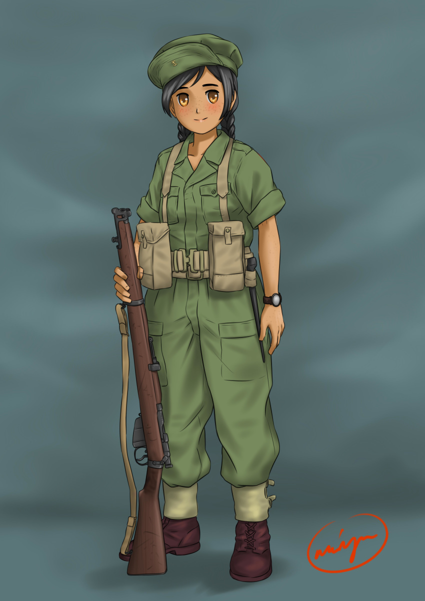 1girl absurdres ankle_boots bayonet black_hair blush boots braid brown_eyes commentary dark_skin freckles gaiters gun hat highres lee-enfield load_bearing_equipment looking_at_viewer military military_uniform millimeter netherlands original rifle signature simple_background sling smile soldier solo twin_braids uniform watch watch weapon