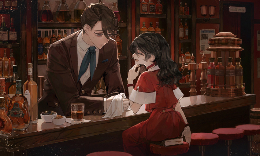 1boy 1girl age_difference bar black_eyes black_hair book bottle bow bracelet braid closed_eyes collared_shirt dress glass highres indoors jewelry naluse_flow necktie open_mouth original red_dress shirt sitting white_shirt