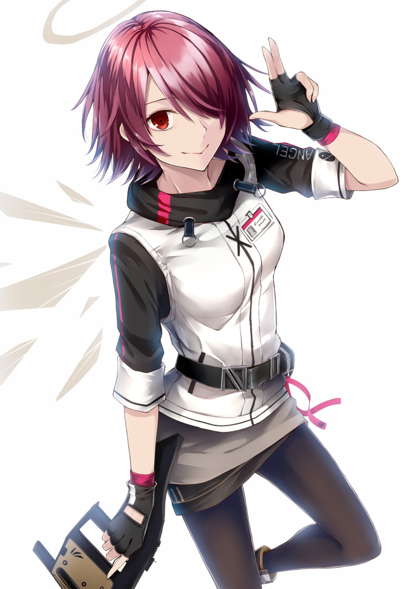 1girl arknights black_gloves black_legwear black_sleeves closed_mouth dabadhi exusiai_(arknights) fingerless_gloves gloves hair_over_one_eye highres holding jacket leg_up looking_at_viewer pantyhose red_eyes redhead shiny shiny_hair short_hair simple_background smile solo white_background white_jacket