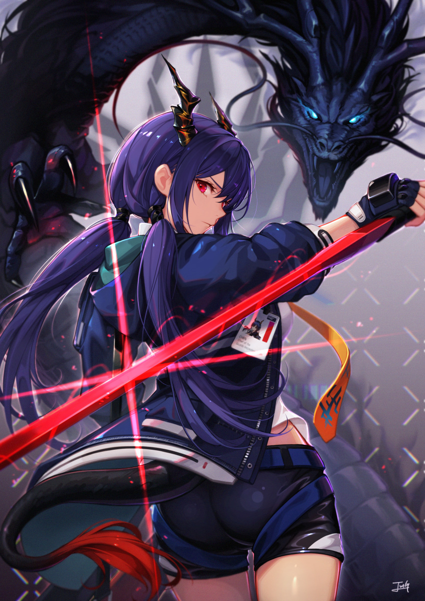 1girl absurdres arknights ass baek_hyang belt black_shorts blue_hair blue_jacket ch'en_(arknights) cowboy_shot diffraction_spikes dragon dragon_girl dragon_horns dragon_tail eastern_dragon elite_ii_(arknights) from_behind highres holding hood hood_down hooded_jacket horns huge_filesize id_card jacket long_hair looking_at_viewer looking_back low_twintails red_eyes reverse_grip shirt short_shorts shorts sidelocks solo sword tail twintails weapon white_shirt