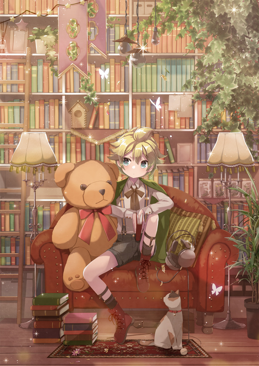 banner birdhouse blonde_hair blue_eyes book book_stack bookshelf boots box bug butterfly cable cat commentary couch expressionless flower framed_image green_jacket headphones hekicha highres holding holding_book insect jacket jacket_on_shoulders jar kagamine_len knee_up ladder lamp library light_bulb light_particles neck_ribbon pillow plant potted_plant ribbon rug shirt short_shorts shorts sitting spiky_hair star study_(room) stuffed_animal stuffed_toy suspender_shorts suspenders teddy_bear vocaloid white_butterfly white_shirt wooden_floor