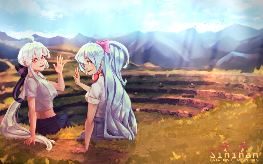 2girls aqua_hair arm_support bird blue_skirt bow clouds cloudy_sky commentary commission crop_top day from_behind hair_bow hand_up hatsune_miku headphones headphones_around_neck highres long_hair looking_at_viewer looking_back mountainous_horizon multiple_girls peru pink_bow ponytail ribbon_girl_(module) scenery shirt short_sleeves sinihan sitting skirt sky smile v very_long_hair vocaloid waving white_hair white_shirt yowane_haku