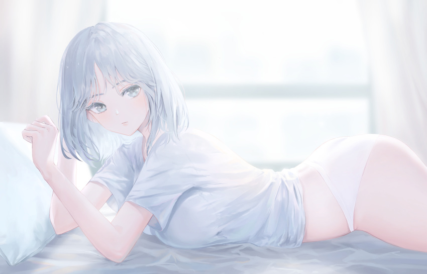 1girl ass blurry blurry_background breasts curtains day eyebrows from_side grey_eyes highres indoors large_breasts looking_at_viewer lying on_stomach original panties pigonhae shirt short_hair short_sleeves silver_hair solo underwear white_panties white_shirt window
