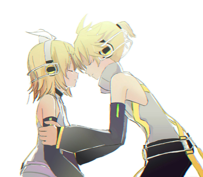 1boy 1girl backlighting bangs bare_shoulders belt black_shorts black_sleeves blonde_hair bow closed_eyes d_futagosaikyou detached_sleeves forehead-to-forehead from_side hair_bow hair_ornament hairclip hands_on_another's_arms headphones highres holding_another's_arm kagamine_len kagamine_len_(append) kagamine_rin kagamine_rin_(append) leaning_forward shirt short_hair short_ponytail shorts sleeveless sleeveless_shirt spiky_hair swept_bangs upper_body vocaloid vocaloid_append white_background white_bow white_shirt