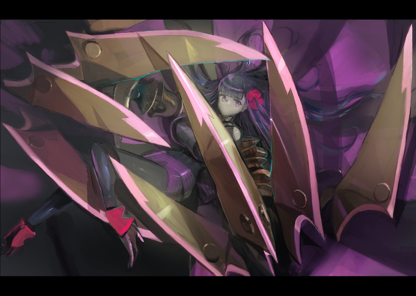 (stag) 1girl breasts claw_(weapon) claws fate/extra fate/extra_ccc fate/grand_order fate_(series) graphite_(medium) hair_ribbon huge_breasts long_hair looking_up passionlip perspective purple_hair ribbon solo traditional_media violet_eyes weapon