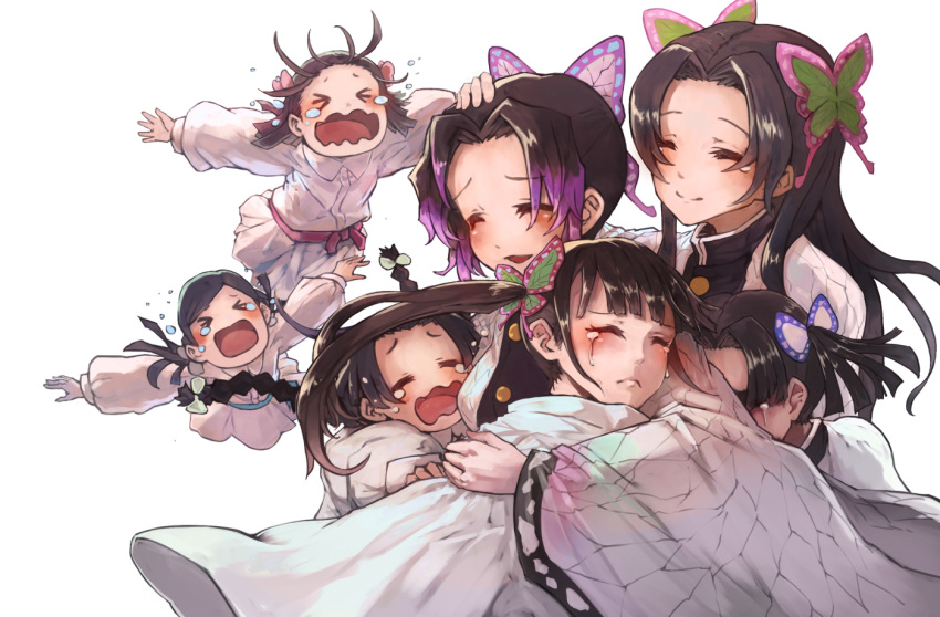 &gt;o&lt; 6+girls :d animal_print bangs black_hair black_shirt blunt_bangs blush braid brown_hair butterfly_hair_ornament butterfly_print cape closed_eyes closed_mouth commentary crying dress gradient_hair group_hug hair_intakes hair_ornament hand_on_another's_head haori happy_tears hug ico6 jacket japanese_clothes jumping kanzaki_aoi_(kimetsu_no_yaiba) kimetsu_no_yaiba kochou_kanae kochou_shinobu long_hair long_sleeves low_twintails medium_hair multicolored_hair multiple_girls nakahara_sumi open_mouth parted_bangs print_jacket puffy_long_sleeves puffy_sleeves sad shirt short_hair siblings side_ponytail simple_background sisters smile takada_naho tears terauchi_kiyo tsuyuri_kanao twin_braids twintails wavy_mouth white_background white_cape white_dress
