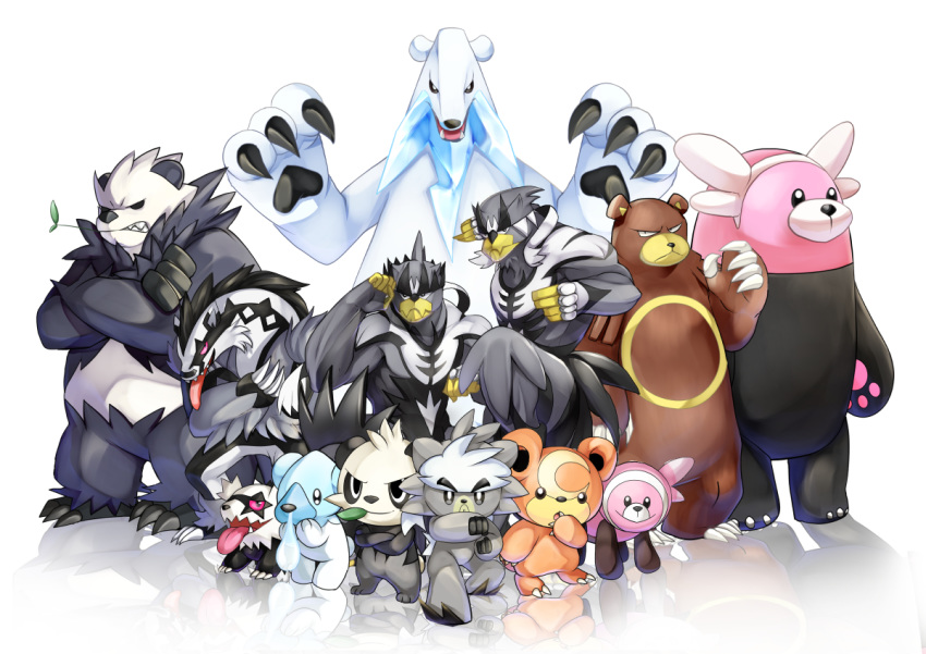 bear beartic bewear claws commentary_request creature crossed_arms cubchoo fighting_stance full_body galarian_form galarian_zigzagoon gen_2_pokemon gen_5_pokemon gen_6_pokemon gen_7_pokemon gen_8_pokemon kubfu legendary_pokemon looking_at_viewer no_humans obstagoon open_arms osomatsu1ban pancham pangoro pokemon pokemon_(creature) refelction serious simple_background standing stufful teddiursa tongue tongue_out ursaring urshifu urshifu_(rapid) urshifu_(single) white_background