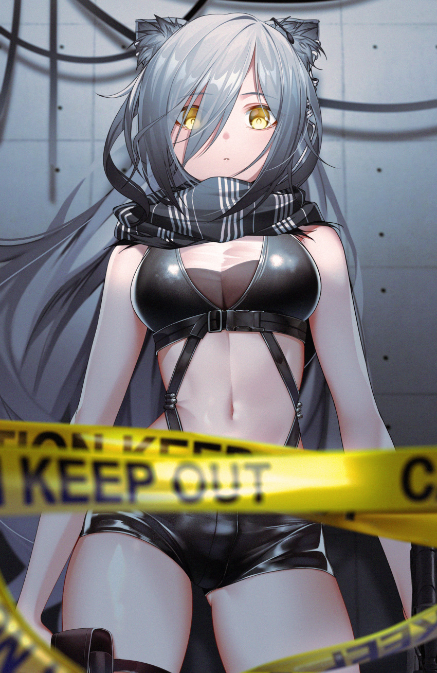 1girl absurdres animal_ear_fluff animal_ears arknights ass_visible_through_thighs bangs bare_arms bare_shoulders black_scarf black_shorts breasts cat_ears caution_tape commentary cowboy_shot crop_top eyebrows_visible_through_hair hair_over_one_eye highres indoors keep_out long_hair looking_at_viewer medium_breasts midriff navel pouch scarf schwarz_(arknights) short_shorts shorts silver_hair sleeveless solo standing stomach the_cold thighs yellow_eyes