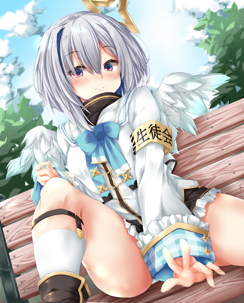 1girl absurdres amane_kanata angel_wings aqua_bow aqua_ribbon armband bench between_legs black_dress black_footwear blue_hair blue_sky blush boots bow breasts closed_mouth clouds cloudy_sky commentary covering covering_crotch day dress dutch_angle eyebrows_visible_through_hair frilled_dress frills hair_between_eyes halo hand_between_legs highres hololive huge_filesize jacket kneehighs long_sleeves looking_at_viewer multicolored_hair neck_ribbon outdoors panties panty_peek ribbon shiraishi_mamim short_dress short_hair silver_hair sitting sky small_breasts smile solo spread_legs streaked_hair thighs tree turtleneck turtleneck_dress two-tone_hair underwear violet_eyes virtual_youtuber white_jacket white_legwear white_panties wings