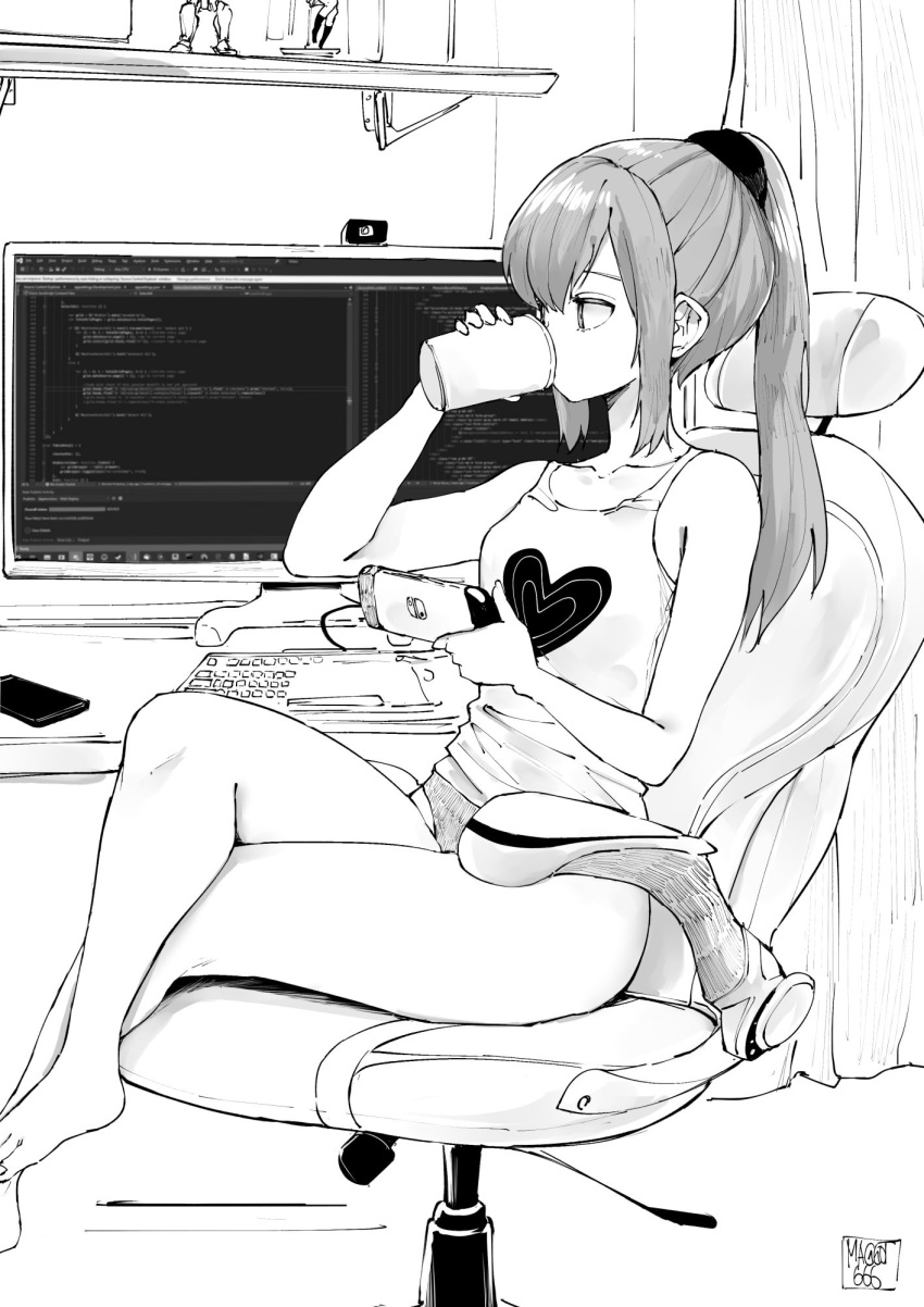 1girl armchair bangs barefoot camisole cellphone chair commentary crossed_legs cup curtains drinking english_commentary figure from_side greyscale heart heart_print highres holding holding_cup indoors keyboard_(computer) long_hair melissa_renata monitor monochrome nintendo_switch norman_maggot office_chair original panties phone ponytail profile programming signature sitting smartphone solo toenails underwear