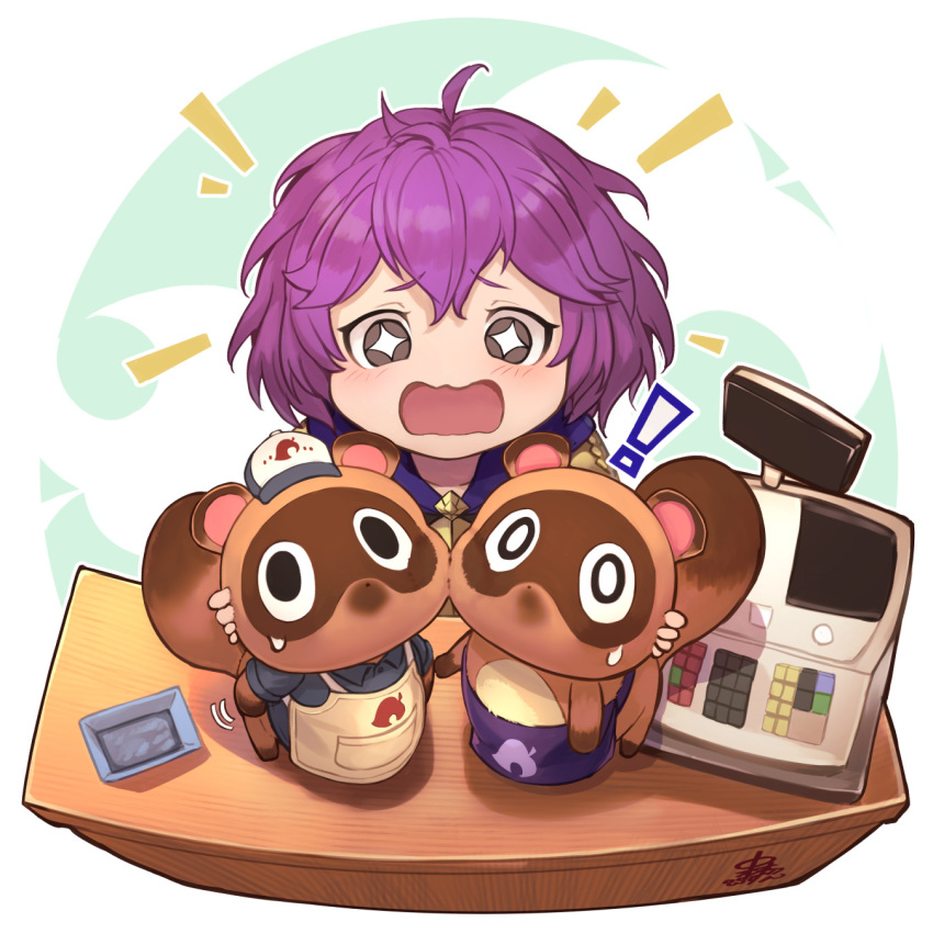 +_+ 1girl 2boys animal_crossing apron baseball_cap bernadetta_von_varley cash_register crossover doubutsu_no_mori fire_emblem fire_emblem:_three_houses garreg_mach_monastery_uniform grey_eyes hat highres human intelligent_systems loli mamekichi_(doubutsu_no_mori) mammal multiple_boys nakabayashi_zun nintendo nintendo_ead open_mouth purple_hair raccoon raccoon_dog short_hair super_smash_bros. timmy_nook tommy_nook tsubukichi_(doubutsu_no_mori) uniform