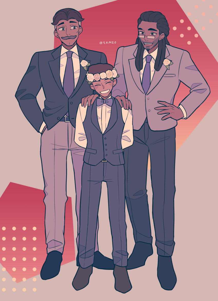 3boys absurdres bow_(she-ra) closed_eyes dark_skin facial_hair father_and_son formal george_(she-ra) glasses grin hairlocs hand_in_pocket hand_on_another's_shoulder hand_on_hip head_wreath highres lance_(she-ra) masters_of_the_universe multiple_boys mustache she-ra_and_the_princesses_of_power simple_background smile suit takamizo tuxedo