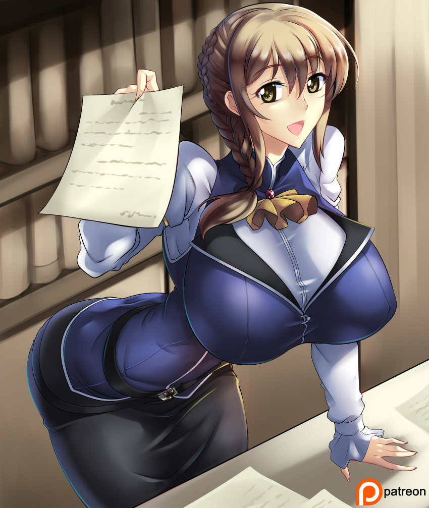 1girl absurdres braid breasts brown_hair desk goblin_slayer! green_eyes guild_girl_(goblin_slayer!) haganef highres huge_breasts looking_at_viewer open_mouth shirt single_braid tagme taut_clothes taut_shirt