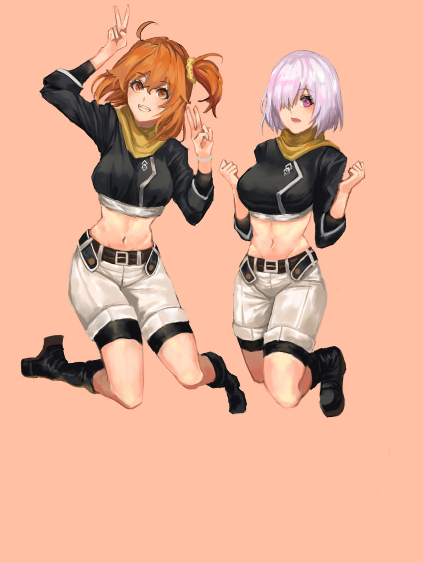 2girls ahoge bangs belt bike_shorts bike_shorts_under_shorts black_footwear black_shirt blush bodysuit_under_clothes boots breasts brown_belt brown_scarf commentary cosplay crop_top double_v eyebrows_visible_through_hair fate/grand_order fate_(series) fujimaru_ritsuka_(female) fujimaru_ritsuka_(female)_(cosplay) full_body grin groin hair_between_eyes hair_ornament hair_over_one_eye hair_scrunchie hands_up highres jumping knee_boots large_breasts lavender_hair looking_at_viewer mash_kyrielight midriff mochigana multiple_girls navel open_mouth orange_background orange_eyes orange_hair scarf scrunchie shirt short_hair shorts side_ponytail sidelocks simple_background smile true_ether_chaldea_uniform v violet_eyes white_shorts yellow_scrunchie