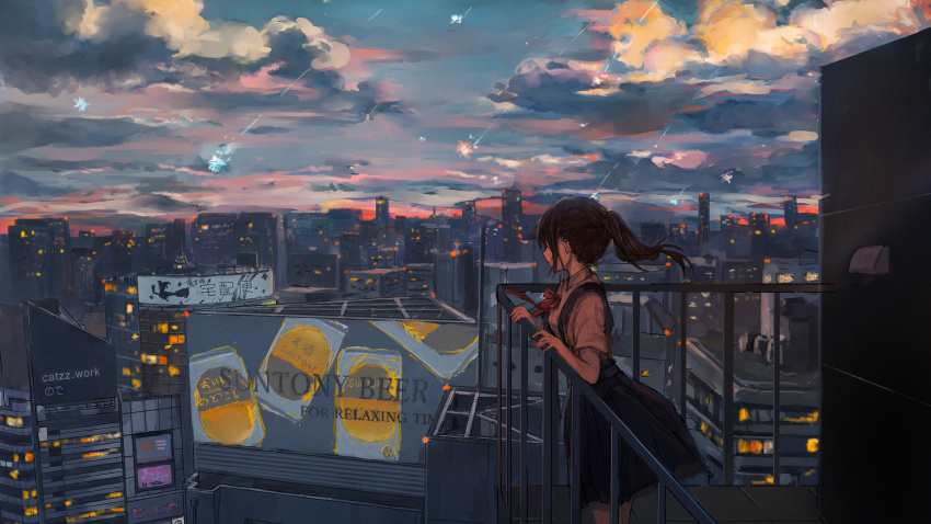 1girl black_hair bow catzz cityscape clouds cloudy_sky evening highres long_hair looking_away original ponytail railing red_bow scenery short_sleeves sidelocks skirt sky