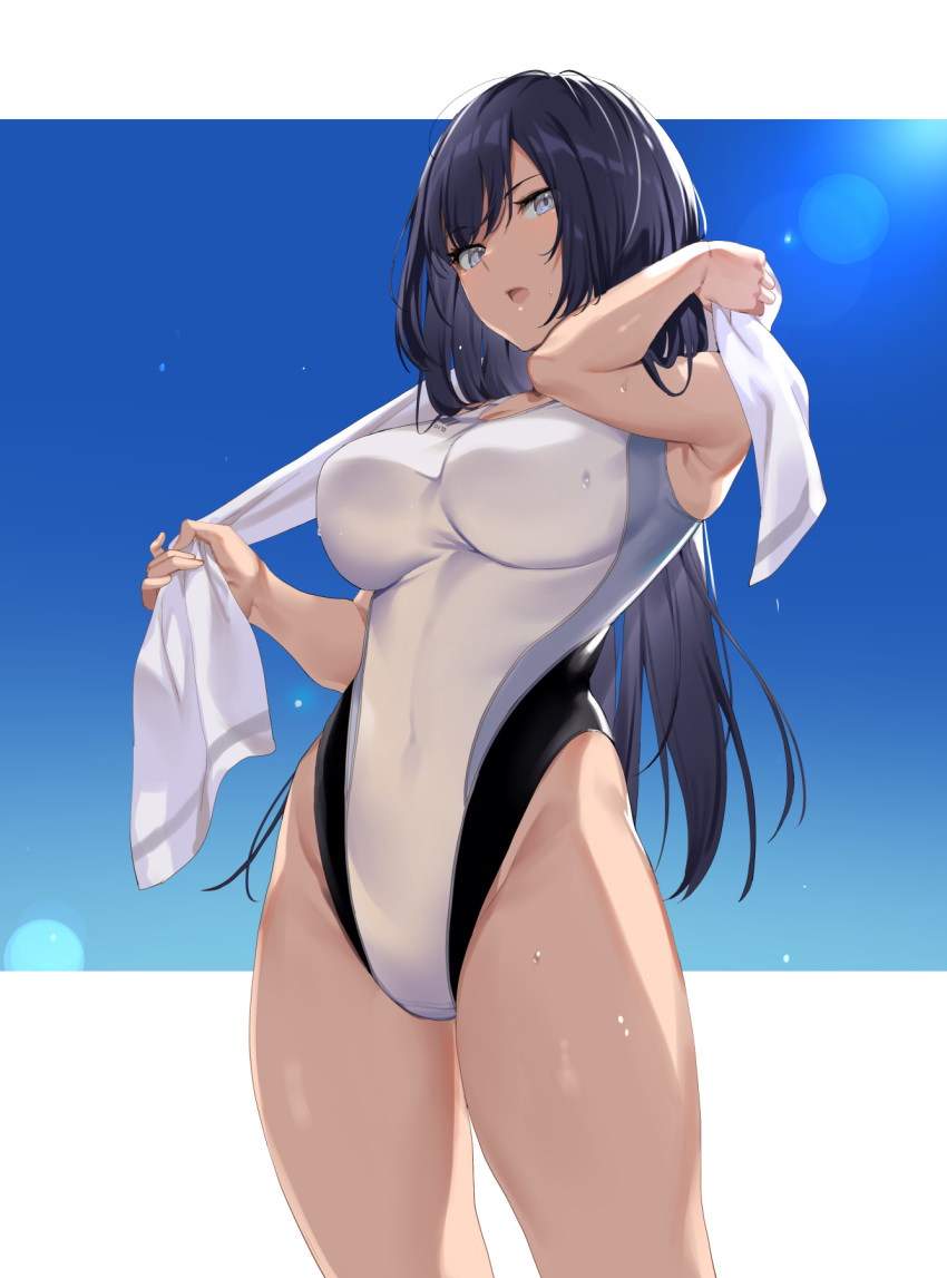 1girl armpits backlighting banned_artist bare_arms bare_shoulders black_hair blue_eyes breasts competition_swimsuit covered_navel cowboy_shot groin highleg highres holding ikomochi impossible_clothes impossible_swimsuit large_breasts lens_flare long_hair looking_at_viewer one-piece_swimsuit open_mouth original solo sunlight swimsuit thighs towel wet white_swimsuit