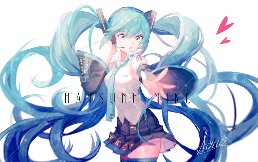 1girl absurdly_long_hair aono_99 aqua_eyes aqua_hair aqua_neckwear bare_shoulders black_legwear black_skirt black_sleeves character_name cowboy_shot detached_sleeves from_side hair_ornament hatsune_miku headphones headset heart highres long_hair looking_at_viewer looking_to_the_side miniskirt necktie open_mouth outstretched_arm pleated_skirt reaching_out shirt shoulder_tattoo signature skirt sleeveless sleeveless_shirt solo tattoo thigh-highs twintails very_long_hair vocaloid white_background white_shirt zettai_ryouiki