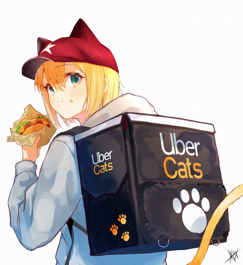 1girl animal_ears aqua_eyes baseball_cap blonde_hair cat_ears cat_girl cat_tail commentary eating english_commentary eyebrows_visible_through_hair food food_delivery_box food_on_face from_behind grey_hoodie hair_between_eyes hamburger hat highres looking_back original short_hair signature simple_background solo tail traditional_media tsubameno uber_eats upper_body white_background