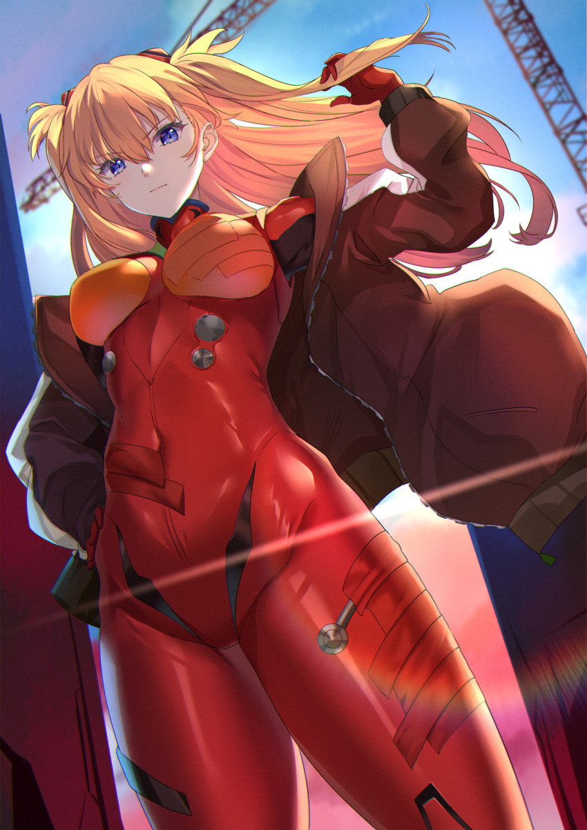 1girl blue_eyes bodysuit breasts closed_mouth covered_navel crane_(machine) evangelion:_3.0_you_can_(not)_redo eyebrows_visible_through_hair hair_between_eyes highres jacket long_hair long_sleeves looking_at_viewer medium_breasts neon_genesis_evangelion orange_hair outdoors plugsuit rebuild_of_evangelion red_bodysuit shikinami_asuka_langley solo souryuu_asuka_langley standing yongheng_zhi_wu