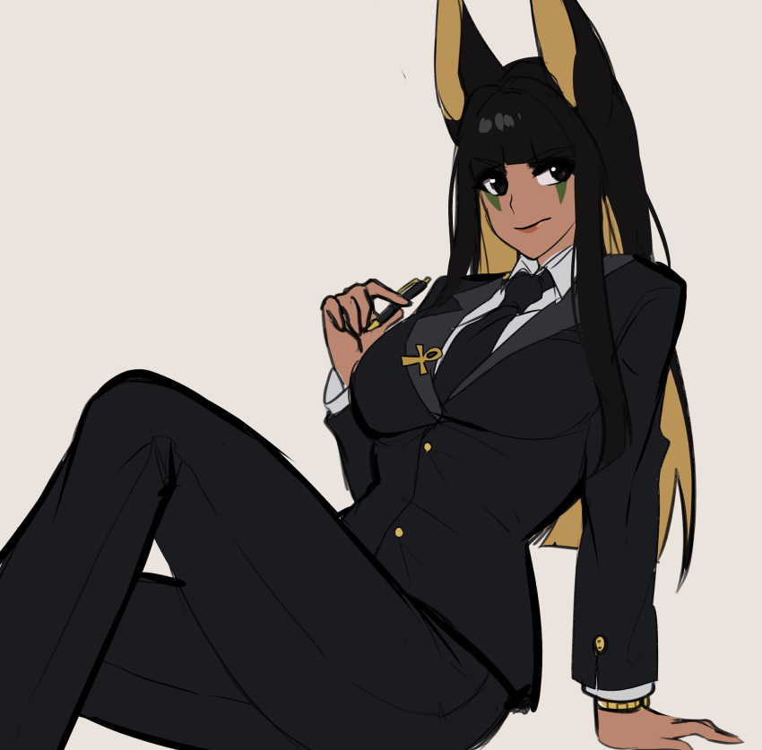 1girl animal_ears anput_(nsfwolf) arm_support bangs black_hair blonde_hair blunt_bangs blunt_ends dark_skin formal goddess grey_background highres hime_cut jackal_ears knee_up leaning_back looking_at_viewer necktie nsfwolf original pants pen simple_background sitting solo suit