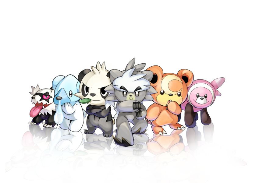 bear claws commentary_request creature cubchoo fighting_stance full_body galarian_form galarian_zigzagoon gen_2_pokemon gen_5_pokemon gen_6_pokemon gen_7_pokemon gen_8_pokemon kubfu legendary_pokemon looking_at_viewer no_humans osomatsu1ban pancham pokemon pokemon_(creature) refelction simple_background standing stufful teddiursa tongue tongue_out white_background