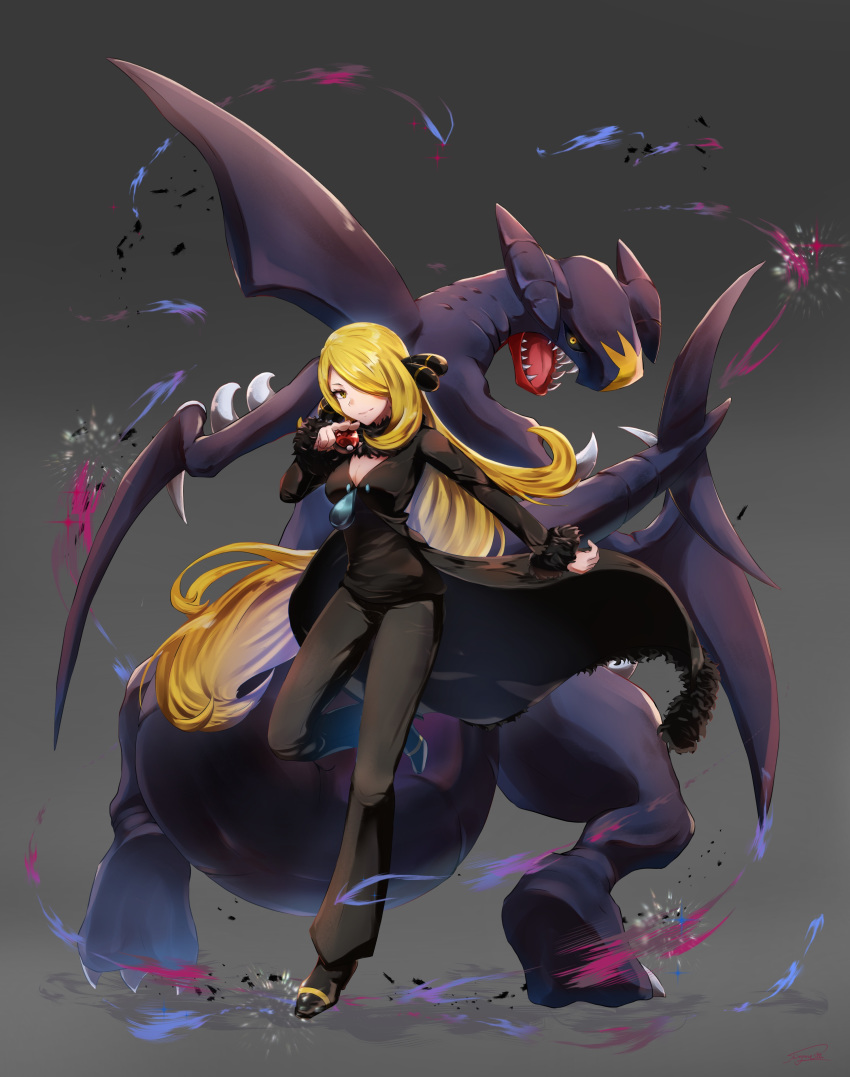 1girl absurdres bangs black_coat black_pants blonde_hair brown_eyes closed_mouth coat full_body garchomp gen_4_pokemon grey_background highres holding holding_poke_ball long_hair long_sleeves looking_at_viewer odd_(hin_yari) pants poke_ball pokemon pokemon_(creature) pokemon_(game) pokemon_dppt shiny shiny_hair shirona_(pokemon) signature smile solo standing standing_on_one_leg swept_bangs very_long_hair