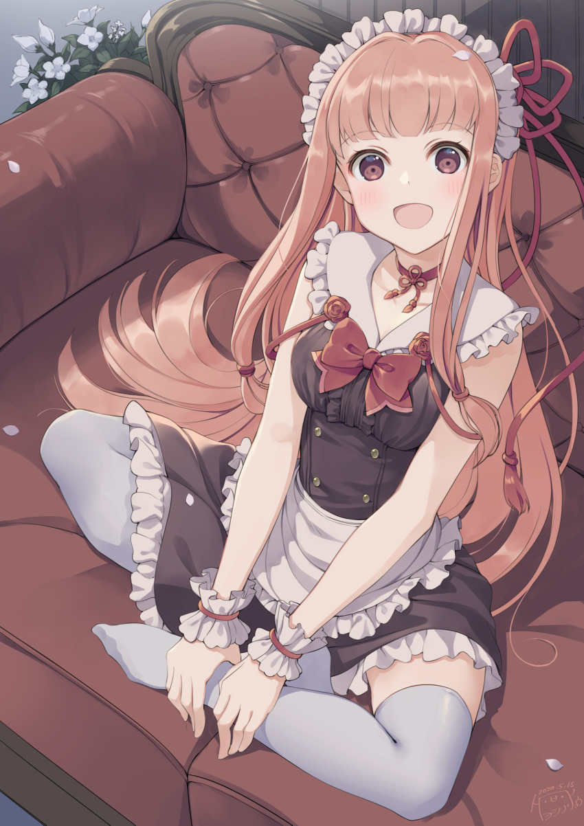 1girl :d alternate_costume bangs bare_shoulders black_dress blue_legwear blush bow breasts brown_eyes brown_hair choker collarbone collared_dress commentary_request couch dress enmaided eyebrows_visible_through_hair flower frilled_dress frills full_body hair_ribbon highres kotonoha_akane long_hair looking_at_viewer maid maid_headdress no_shoes on_couch open_mouth petals red_bow red_choker red_flower red_ribbon red_rose ribbon rose signature sitting sleeveless sleeveless_dress small_breasts smile solo thigh-highs very_long_hair voiceroid white_flower wrist_cuffs yoshino_ryou