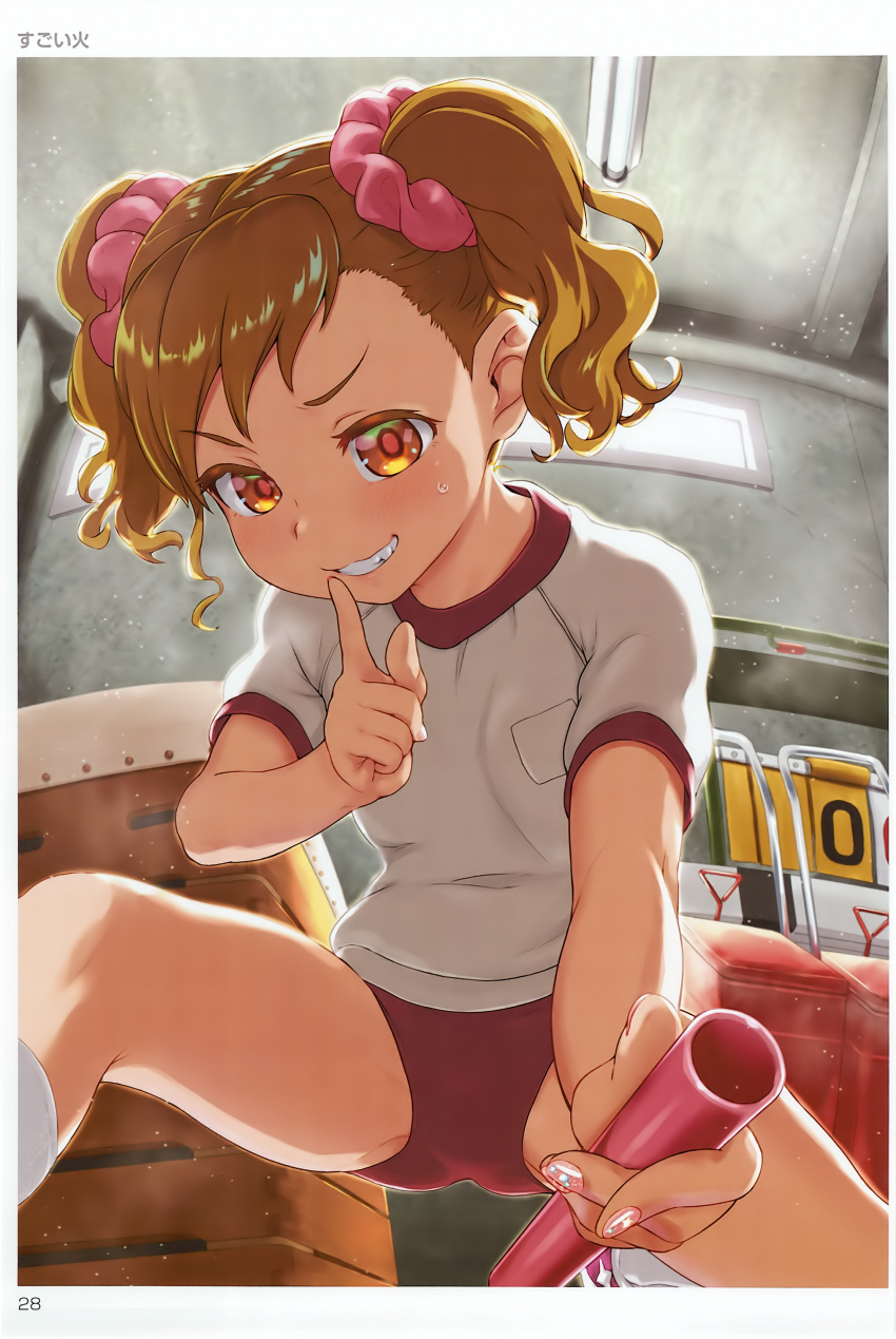 1girl absurdres artist_request blonde_hair blush buruma finger_to_mouth grin gym_shirt gym_shorts gym_storeroom gym_uniform highres indoors long_hair orange_eyes parted_lips red_buruma shiny shiny_hair shiny_skin shirt shorts shushing smile solo spread_legs teeth toranoana twintails two_side_up vaulting_horse